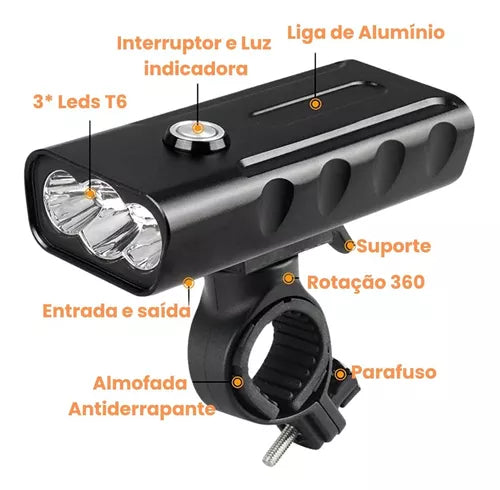 Farol Lanterna Para Bike Bx3 T6-l2 1000 Lúmes + Power Bank